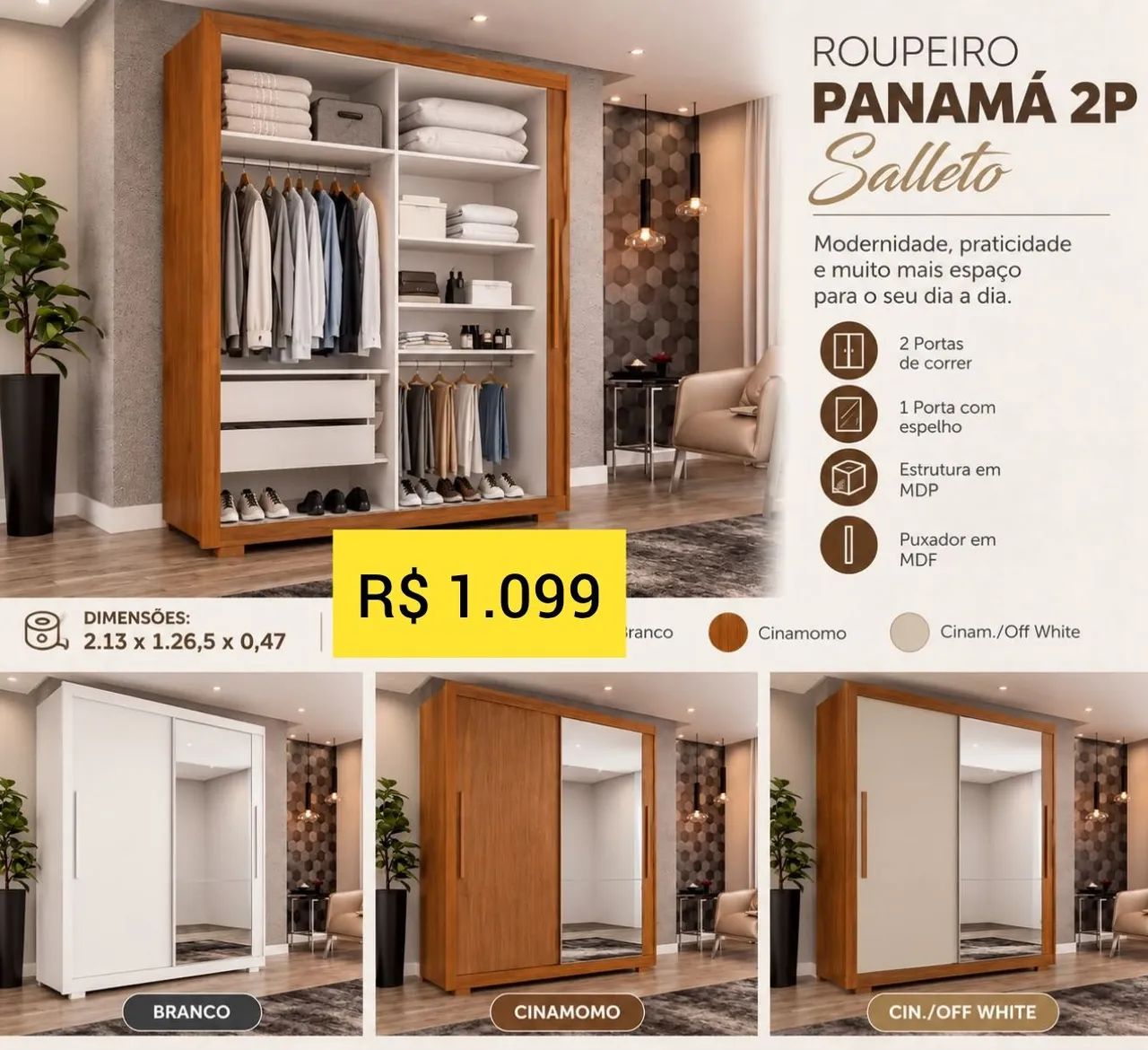 Guarda roupa solteiro com espelho 