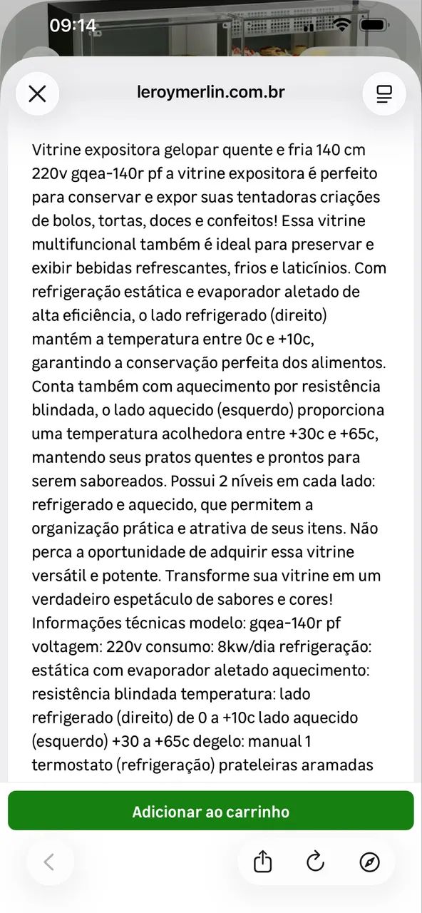 Vitrine expositora quente e frio