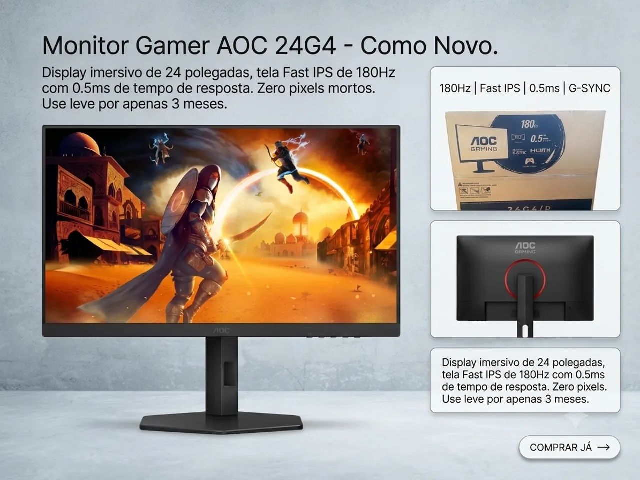 Monitor AOC 24 polegadas, 180 hz. Semi novo 