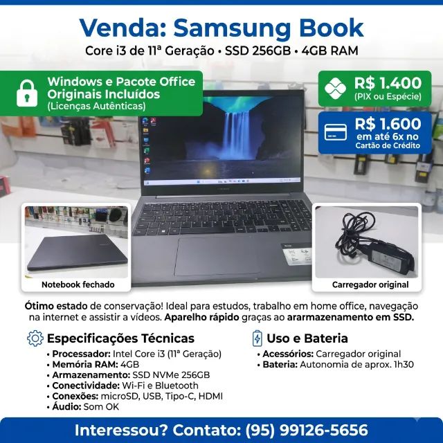 Notebook Samsung i3 11th c/ Carregador Original