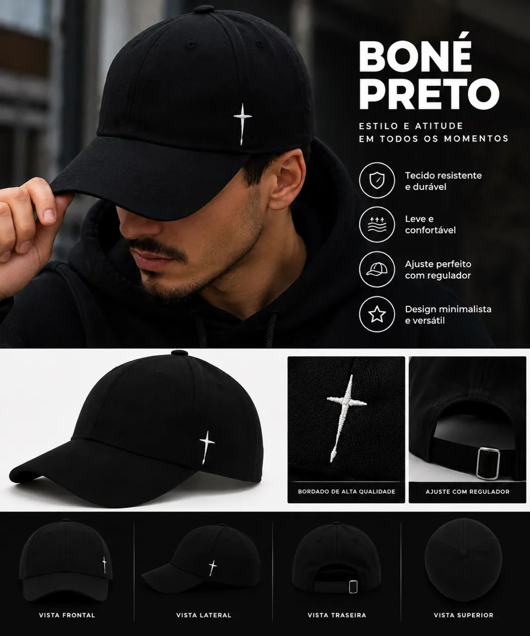 Boné preto simples cruz bordado ajustável  - Foto 3