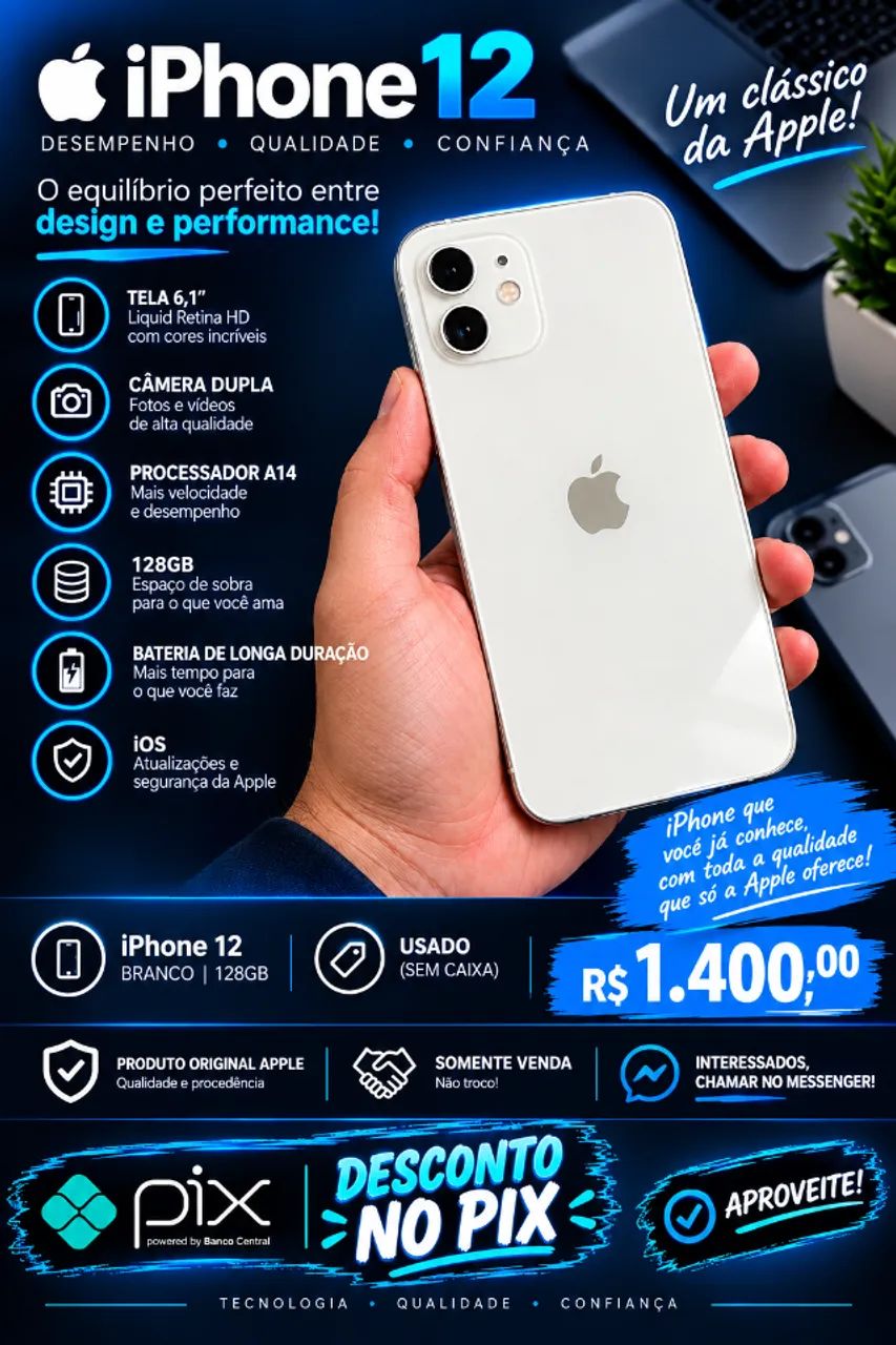 iPhone 12 Branco 128GB - R$ 1.400,00