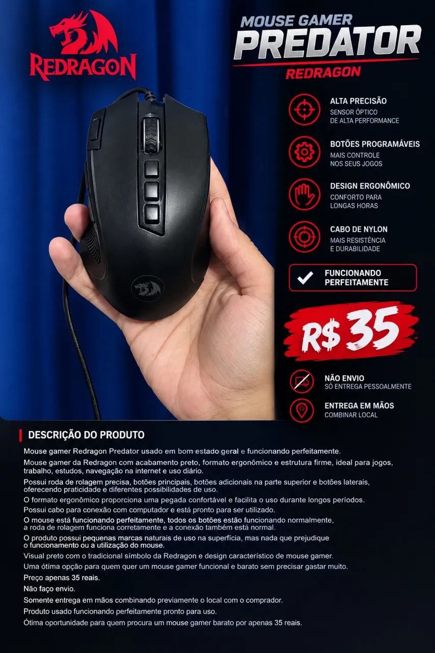 Mouse Gamer Redragon Predator Funcionando Perfeitamente R$35 - Foto 2