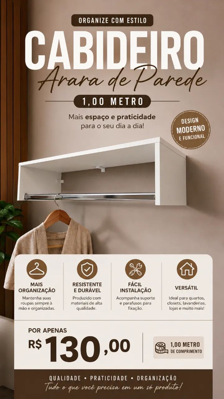 Arara de Parede 1,00m para Roupas - Apenas R$130