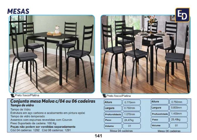 Conjunto mesa Malva c 04 cadeiras - Tampo de vidro