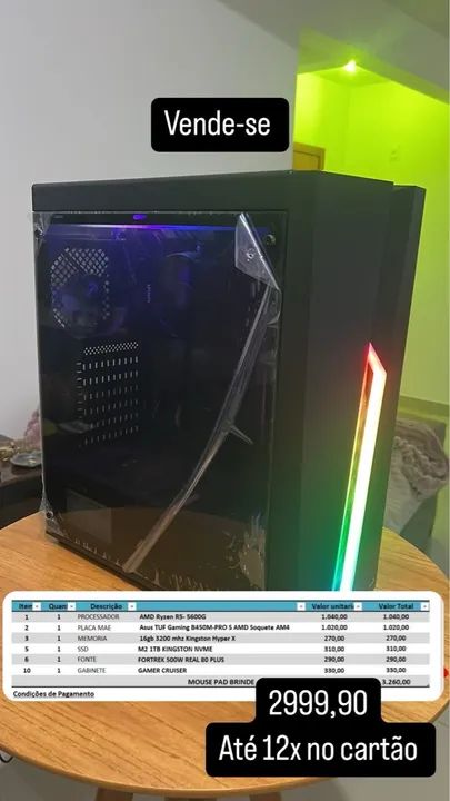 PC Gamer Completo - AMD Ryzen 5 5600G - 16GB RAM - SSD 1TB