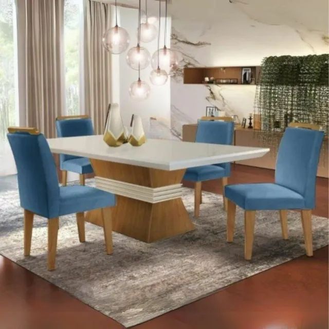 Mesa Ágata 120x80 Canto Reto com 4 Cadeiras Athenas - Rufato