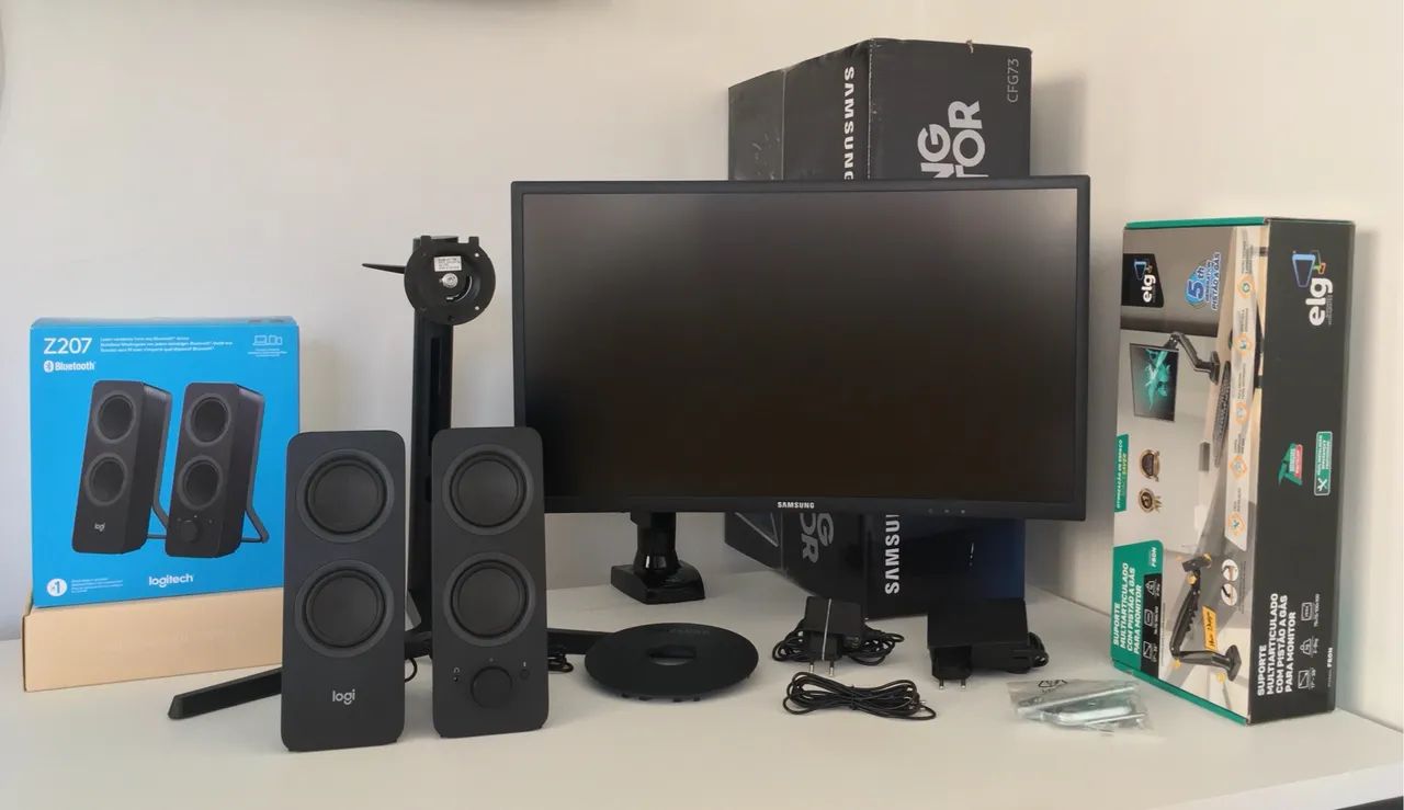 Monitor Samsung QLED, 144hz, 1ms, Curvo 24 / Suporte ELG F80N / Caixa de som Logitech Z207 - Foto 5