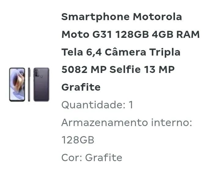Smartphone celular moto g31 zerado nunca usado.