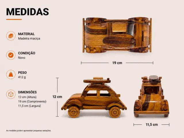 Miniatura Fusca de Madeira Artesanal com Prancha e Bagageiro - Foto 3