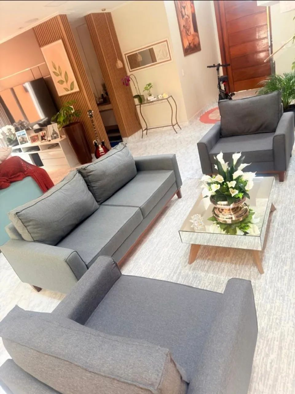 Conjunto Sofá 3 Lugares Istambul Com 2 Poltronas em Linho Cinza - Foto 3