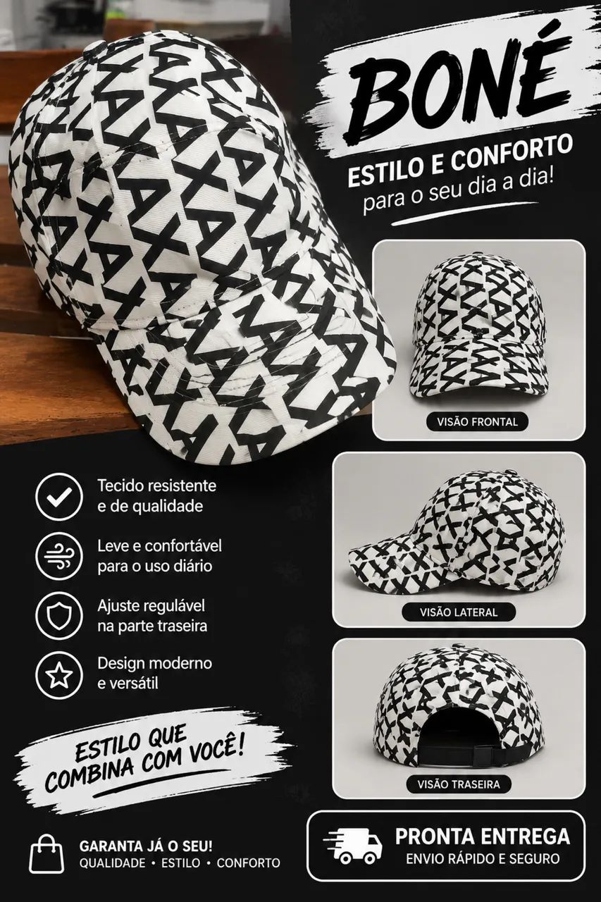     Boné Estampado Preto e Branco 