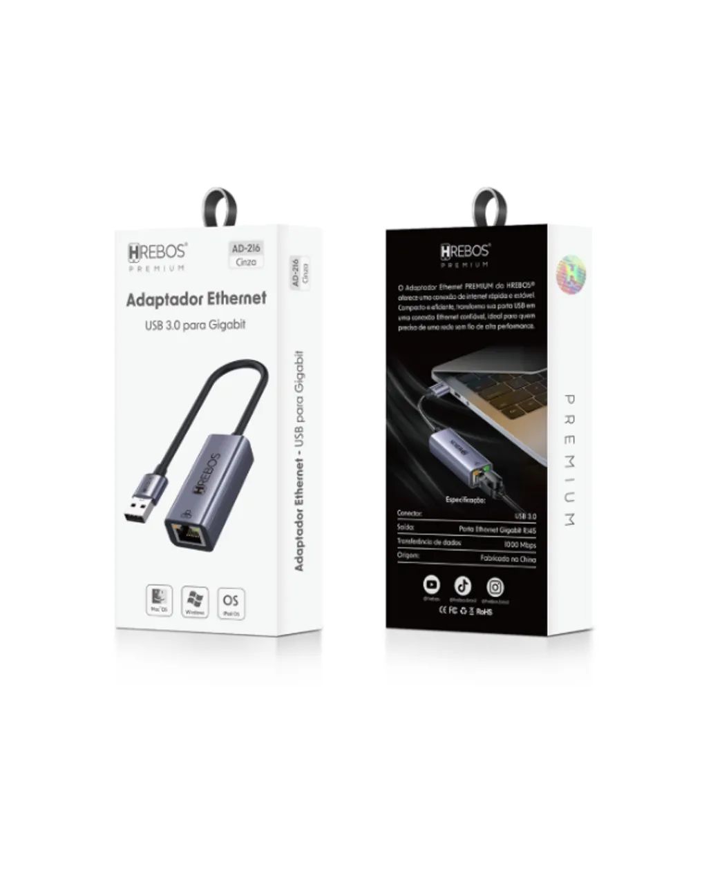 CABO ADAPTADOR CONVERSOR USB X RJ45 10/100/1000 MBPS HREBOS PREMIUM AD-216 - Foto 4