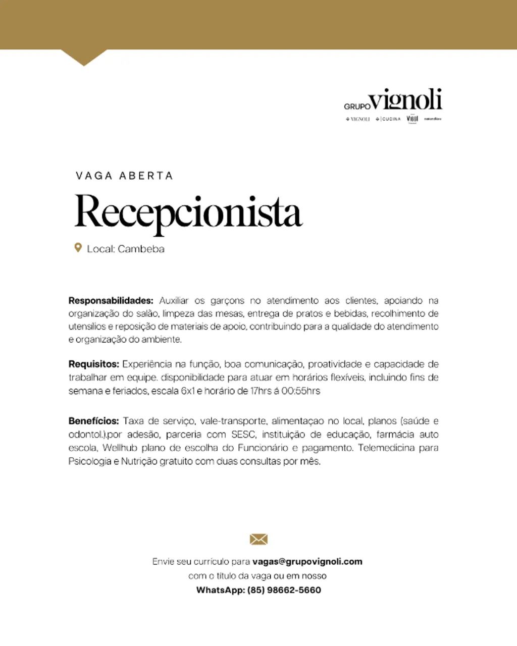 Recepcionista - Vignoli Cambeba