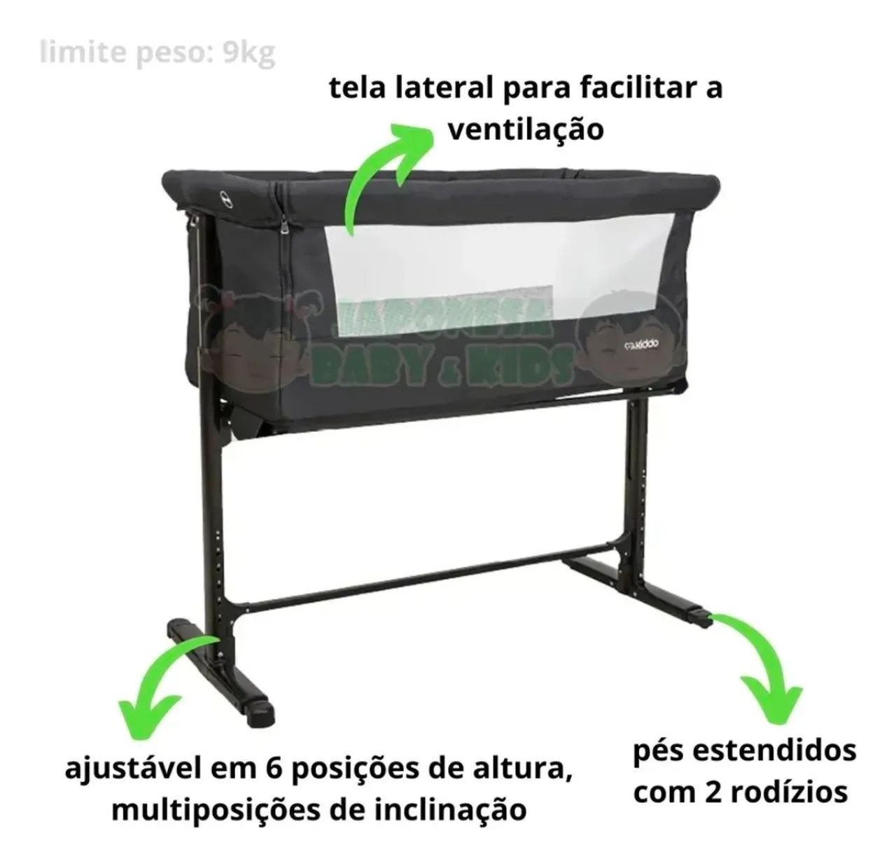 Berço Portátil Kiddo My Side | Ajuste de Altura | Lado a Lado Cama | Suporta 9kg - Foto 5