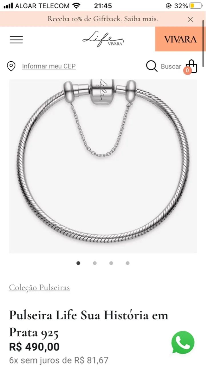 Pulseira Life em Prata 925 - Com trava de segurança e berloque de coração 
