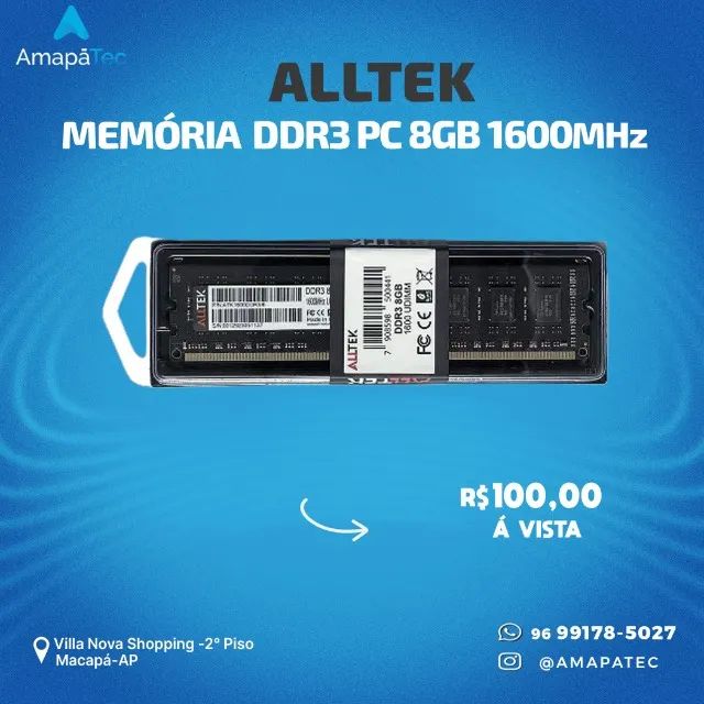 Memória Ram Ddr3 8GB, 1600MHz Alltek