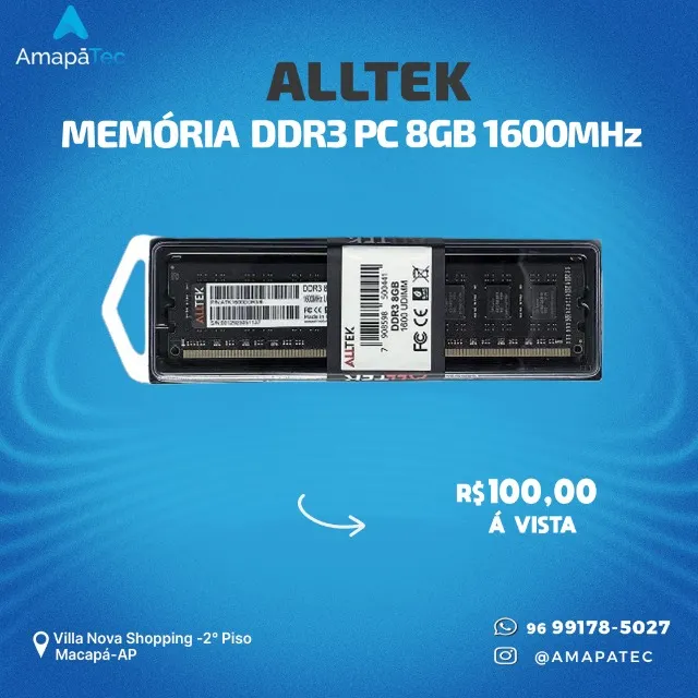 Memória Ram Ddr3 8GB, 1600MHz Alltek