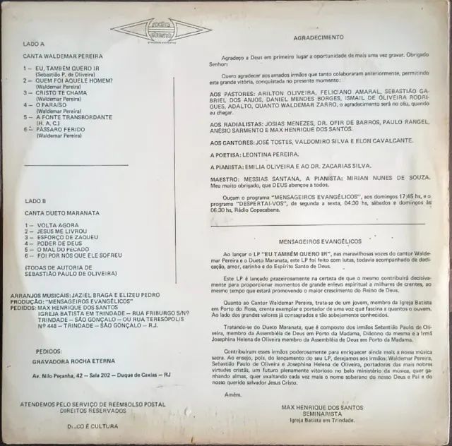 Lp Disco de Vinil Gospel Evangélico Waldemar Pereira e Dueto Maranata - Eu também quero ir - Foto 2
