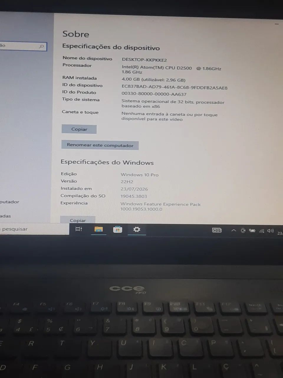 Notebook CCE HD DE 500 GIGAS 4 DE RAM WINDOWS 10 SO PEGA NA TOMADA