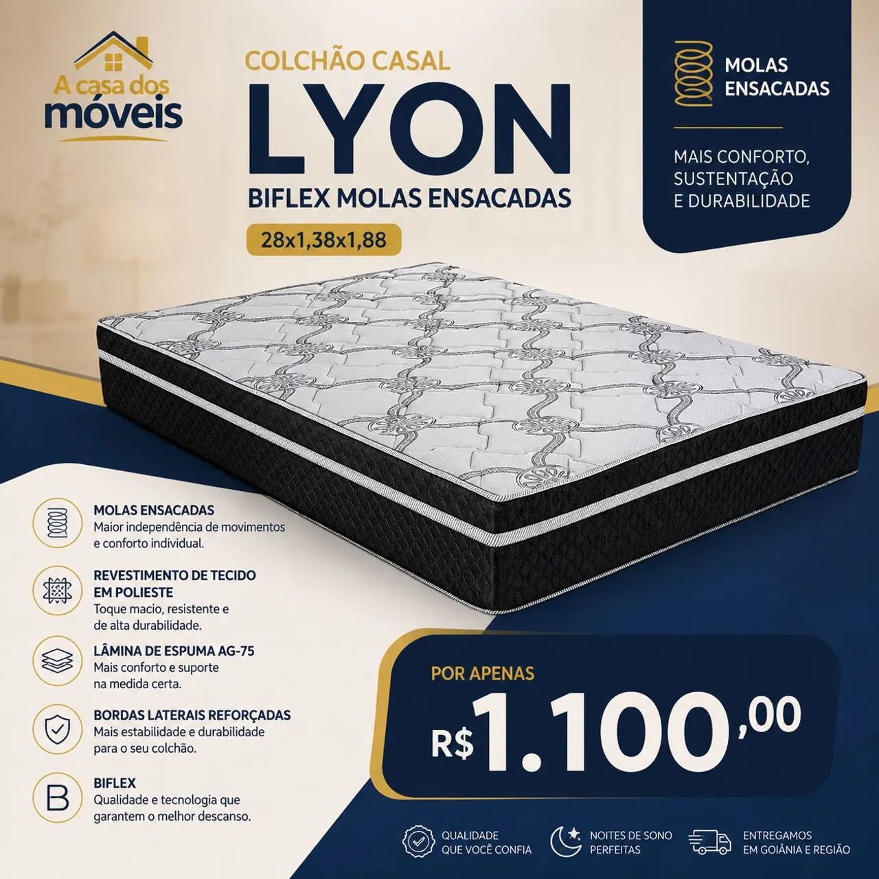 Colchão Casal Lyon Biflex Molas Ensacadas