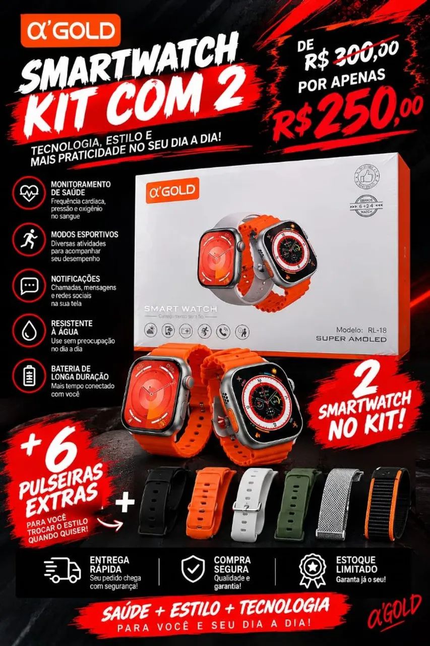 2 smartwatch acompanhado com 6 pulseiras 