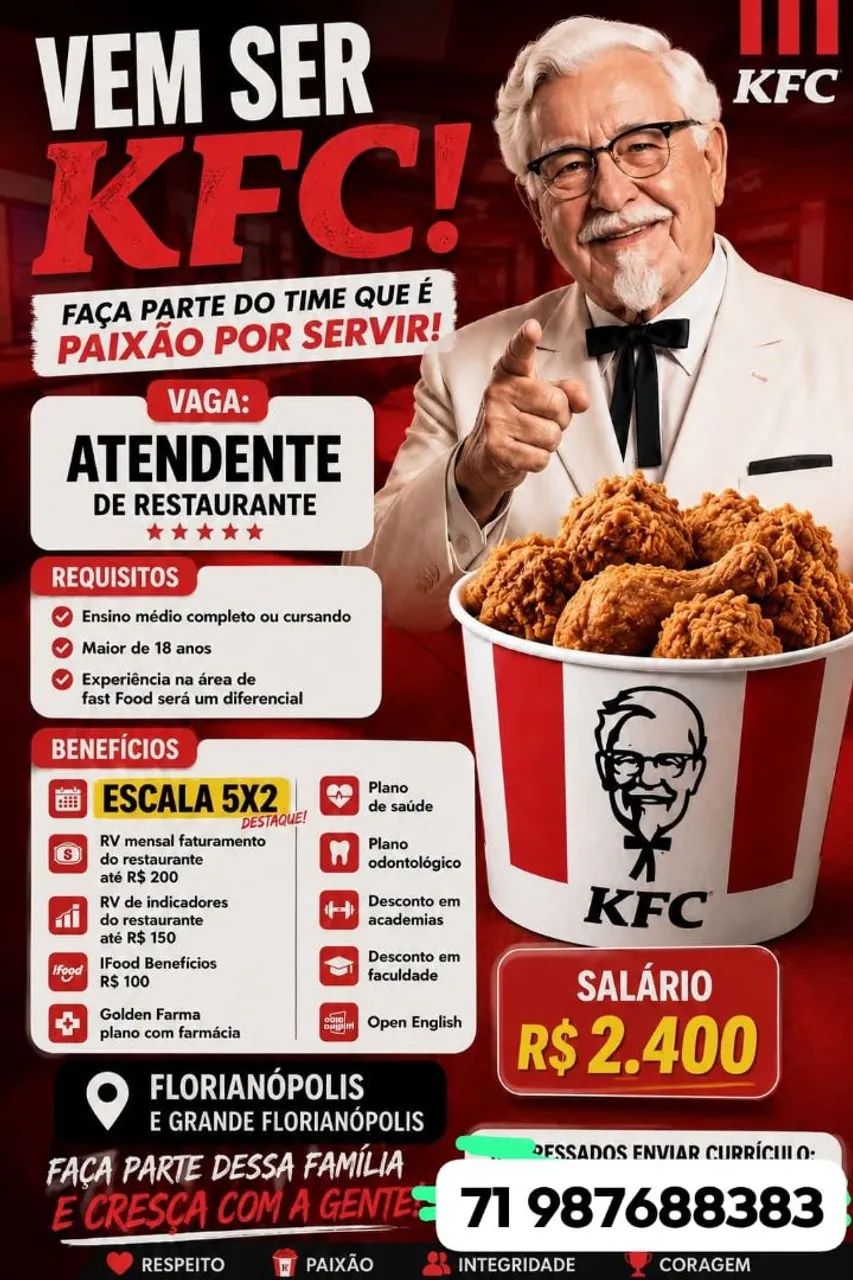 Vaga Atendente KFC Continente Shopping 