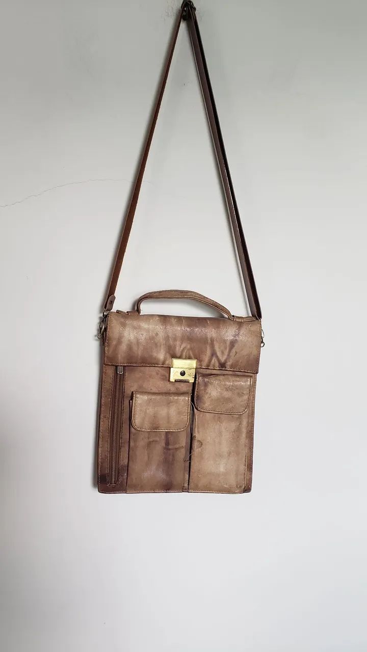 BOLSA COURO MASCULINA VINTAGE MARROM 