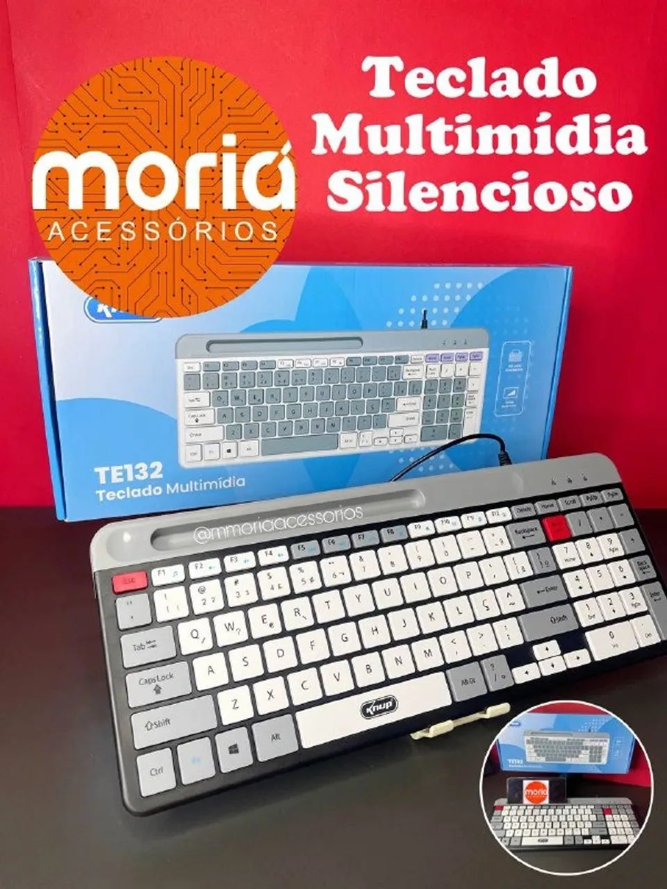 Teclado Multimídia Pc Computador Fio ABNT2 Silencioso Suporte Celular Knup KP-TE132