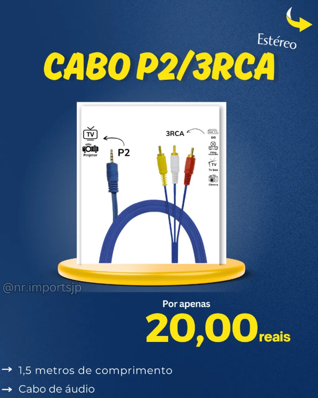 Cabo P2/3RCA 1,5 metros de comprimento