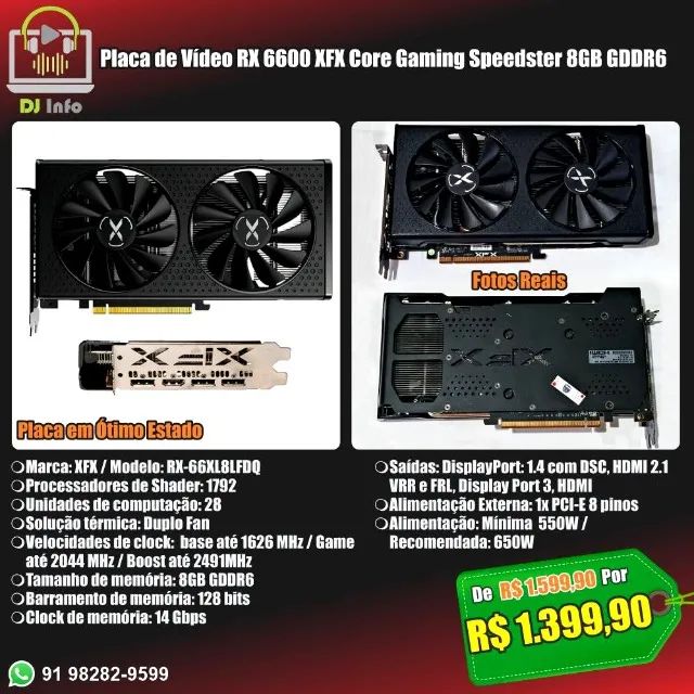 Placa de Vídeo RX 6600 XFX Core Gaming Speedster 8GB GDDR6