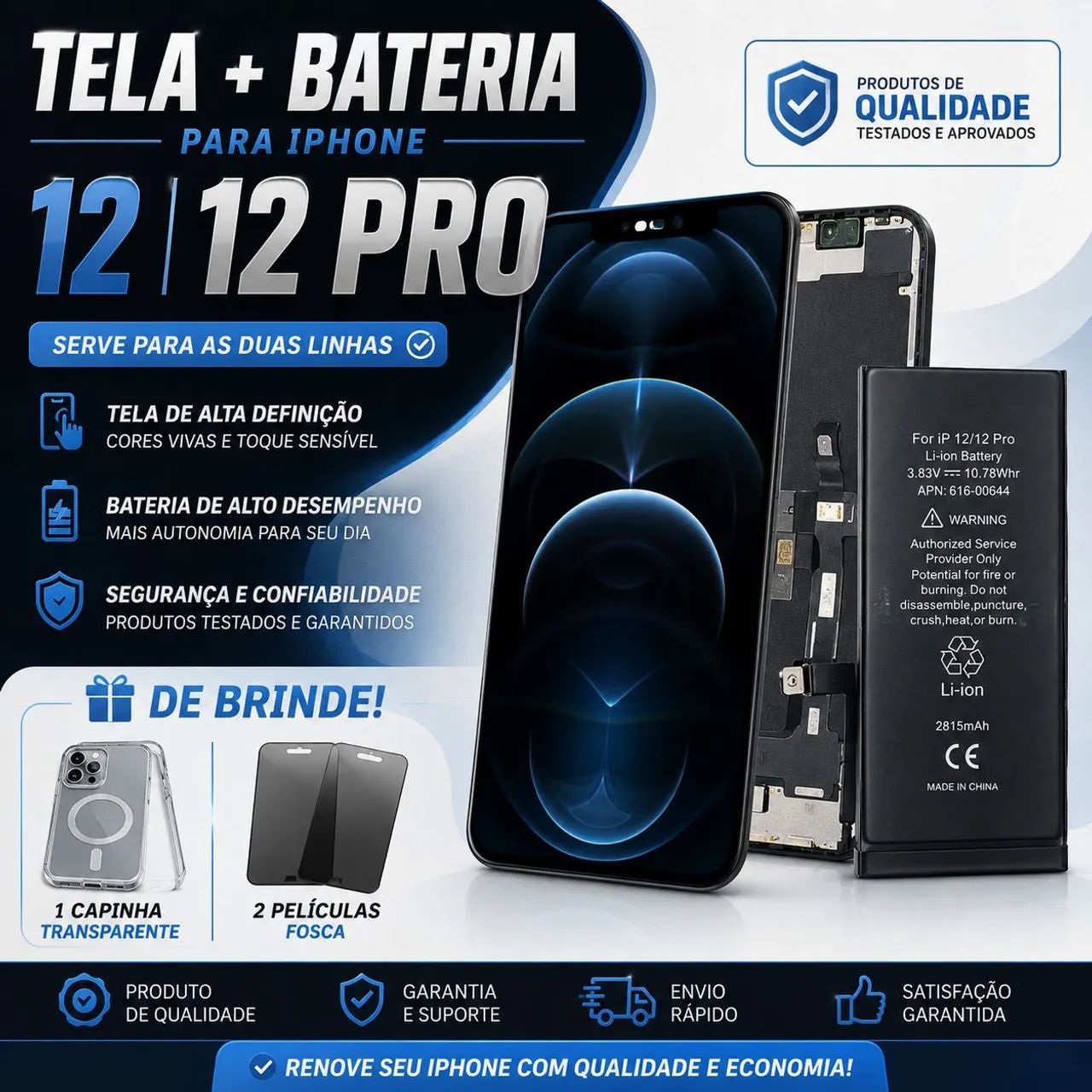 ? KIT TELA + BATERIA PARA IPHONE 12 E 12 PRO