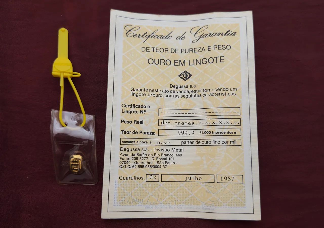 Lingote de Ouro 24K Degussa 10g Original | Com Certificado de Autenticidade