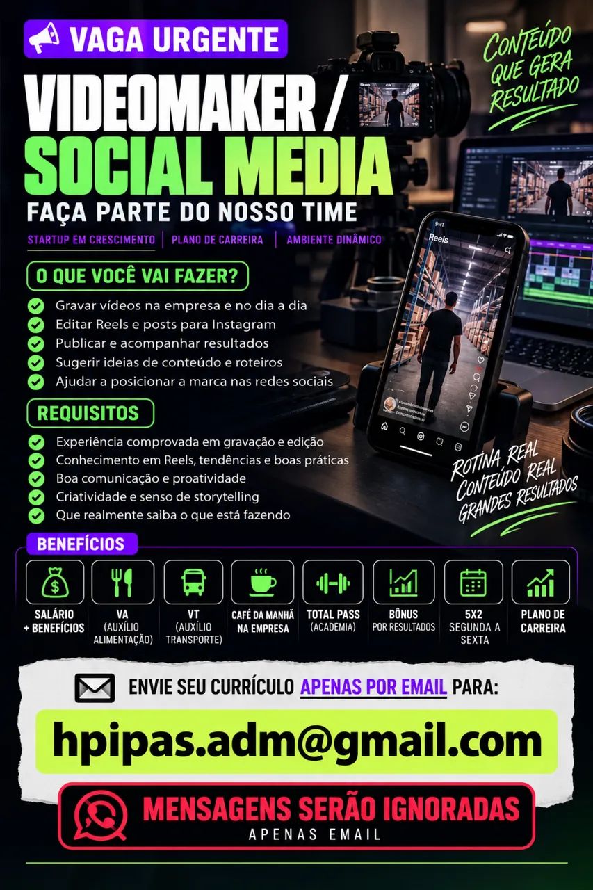 VAGA DE EMPREGO Videomaker / Social Media.