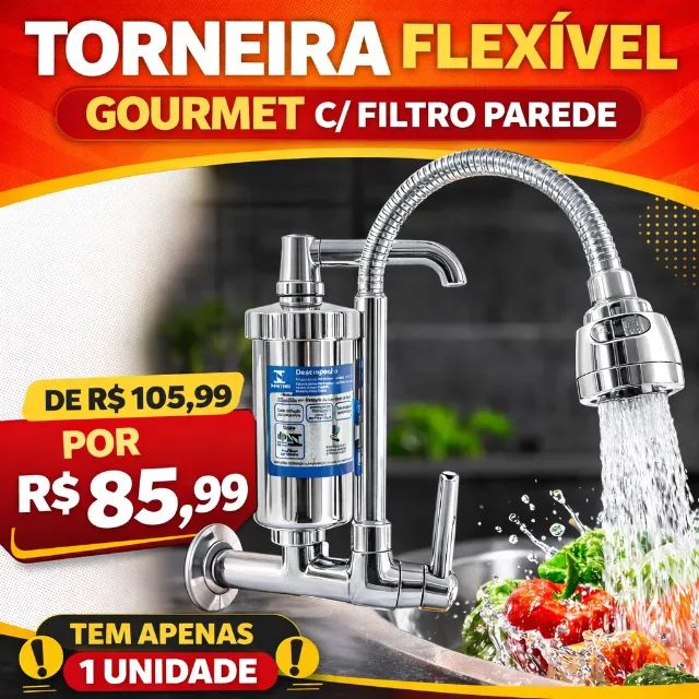 Torneira Gourmet Flexível com Filtro de Parede - Água Mais Limpa e Praticidade na Cozinha