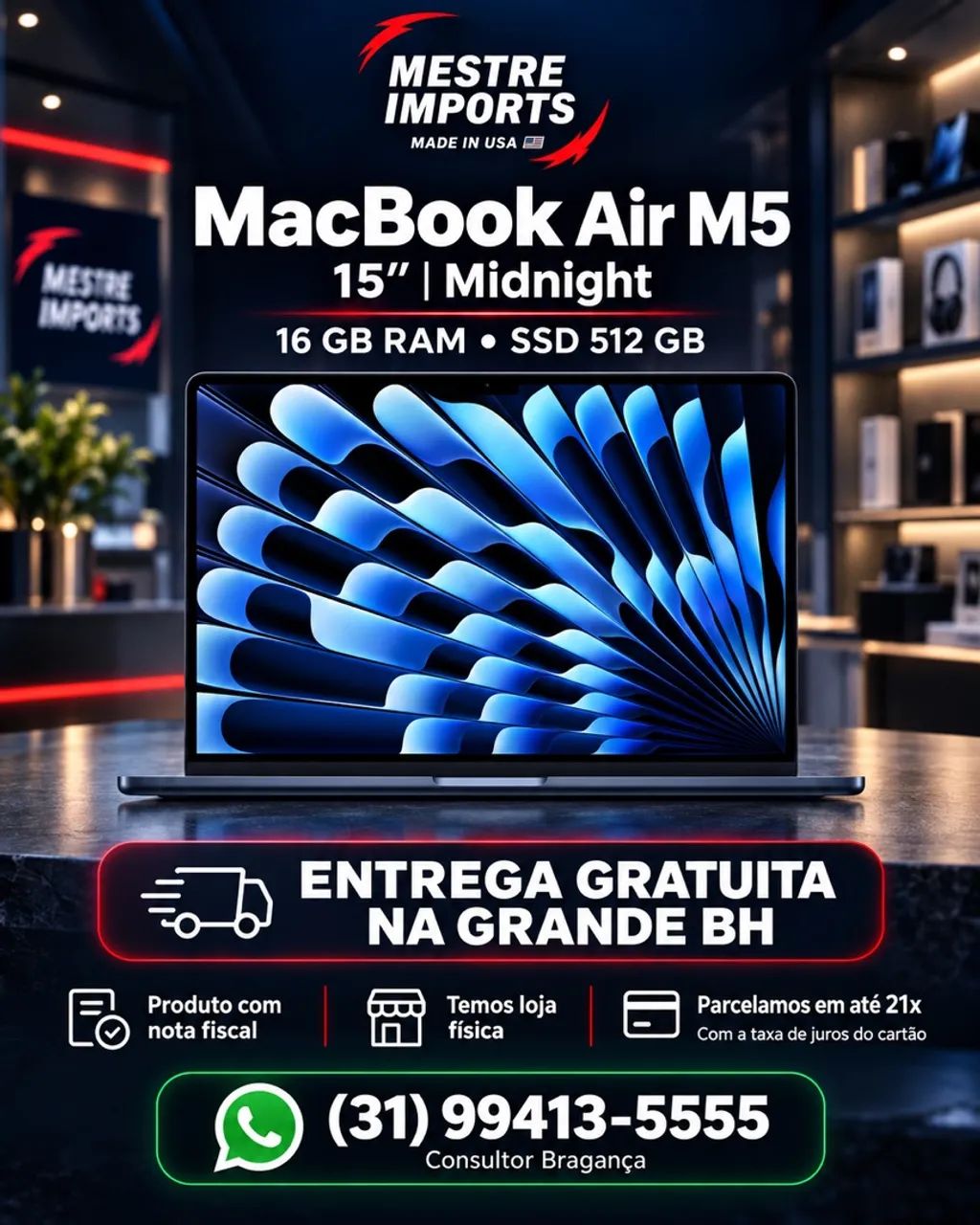     MacBook Air M5 15 polegadas 16GB 512GB Midnight Nota Fiscal