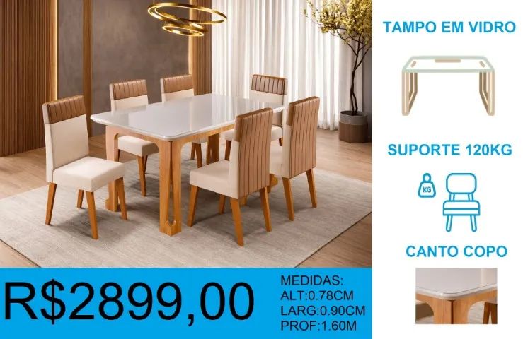 MESA - 6 CADEIRAS - TAMPO VIDRO- COMPRE HOJE E RECEBA EM ATÉ 72 HORAS 