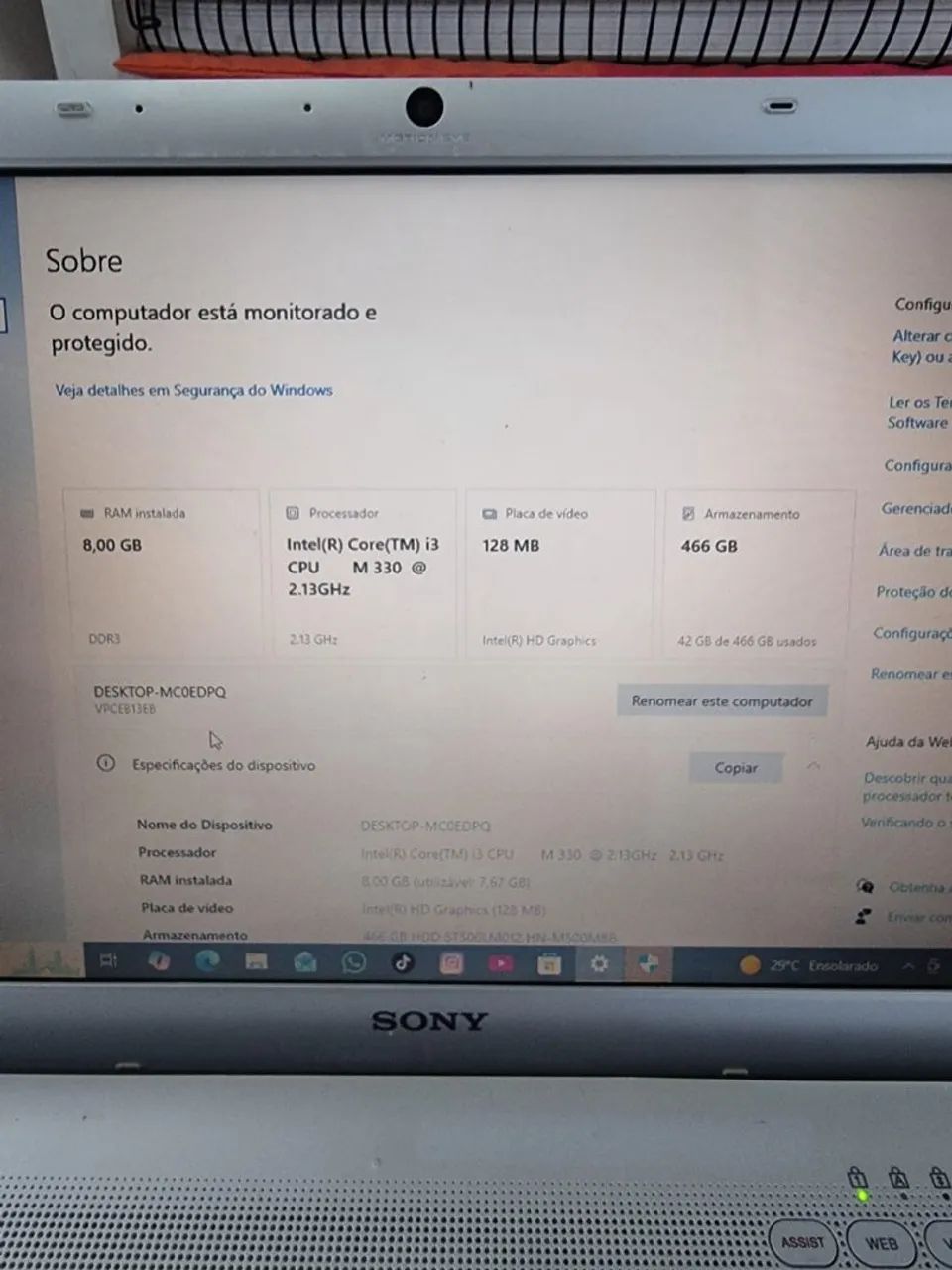 Notebook Sony i3 8GB Ram 15.6 Polegadas (Aceito cartão) - Foto 2