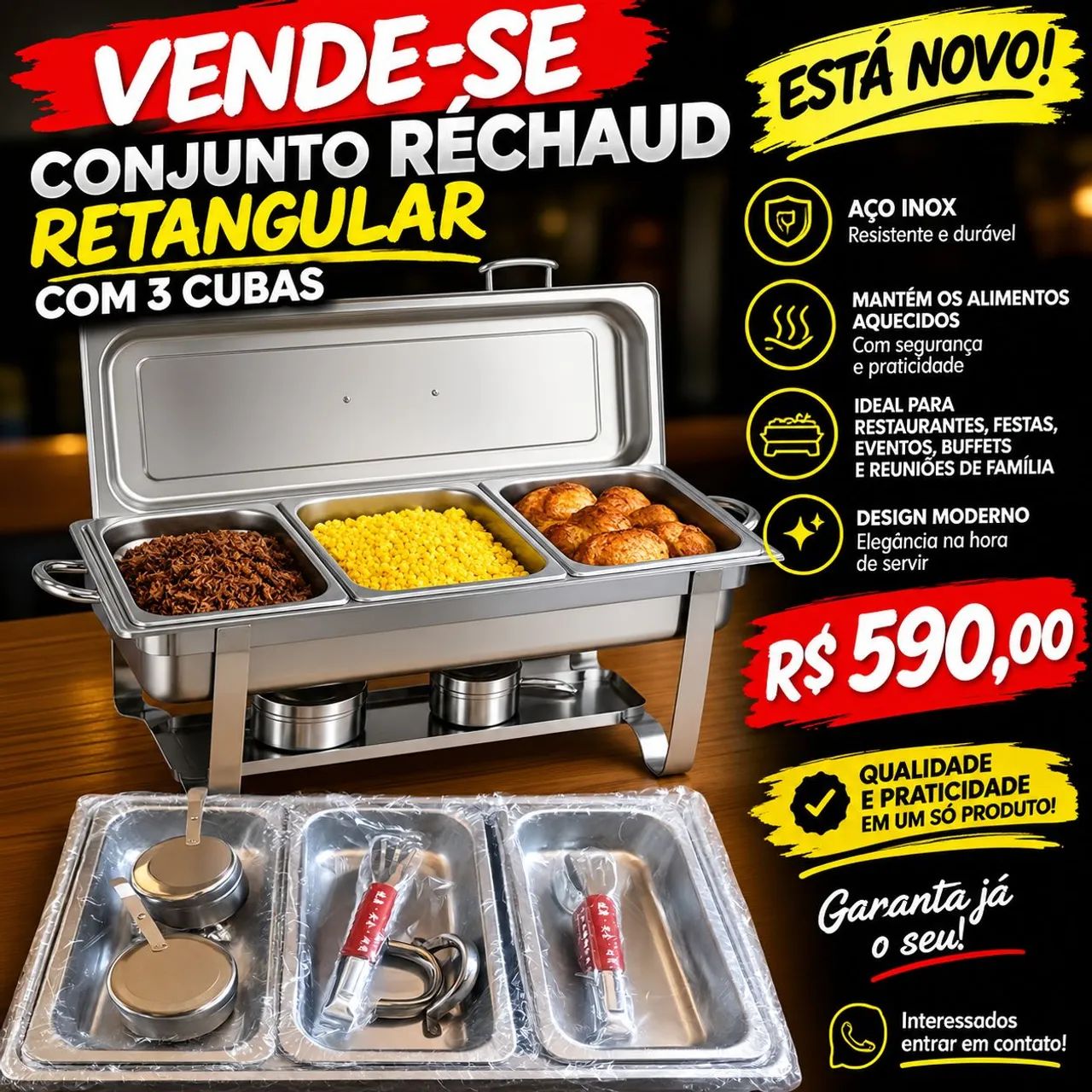 vendo  conjuntos  réchaud retangular com 3 cubas. 