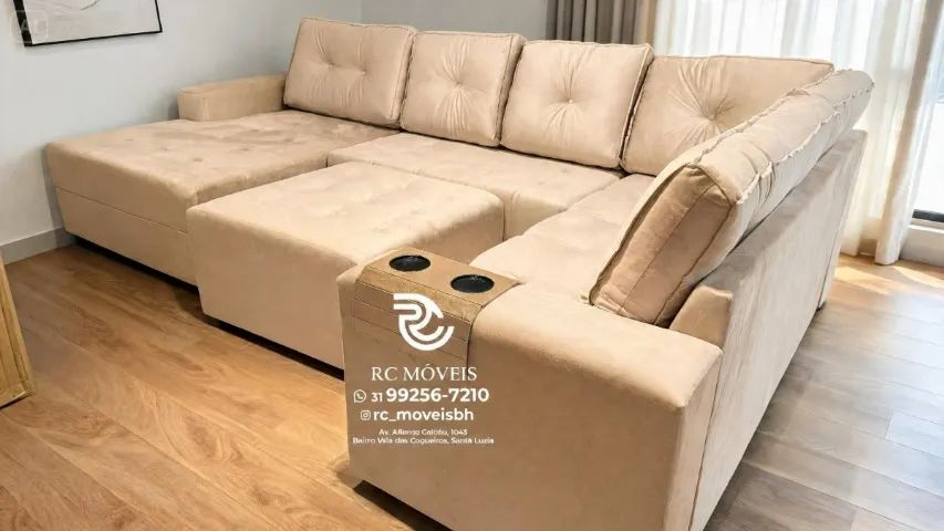Sofá de Canto 3,10m com Chaise e Puff Veludo Marrom D33 Luxo - Foto 5