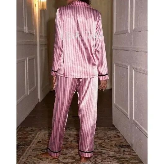 Pijama Feminino Listra Manga Longa Rosa Americano Moda