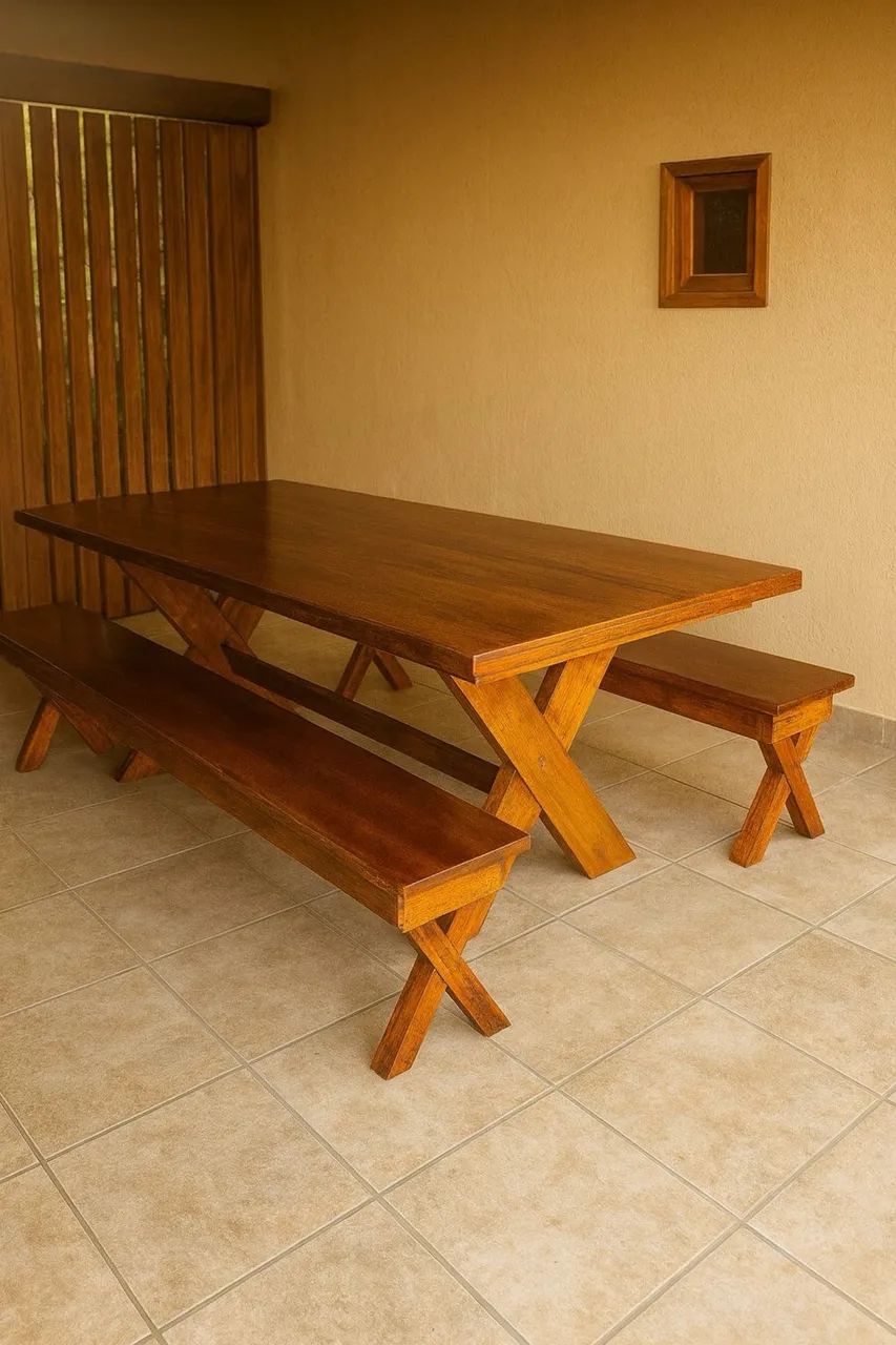 Mesa rústica de madeira maciça com bancos 64315286012801121