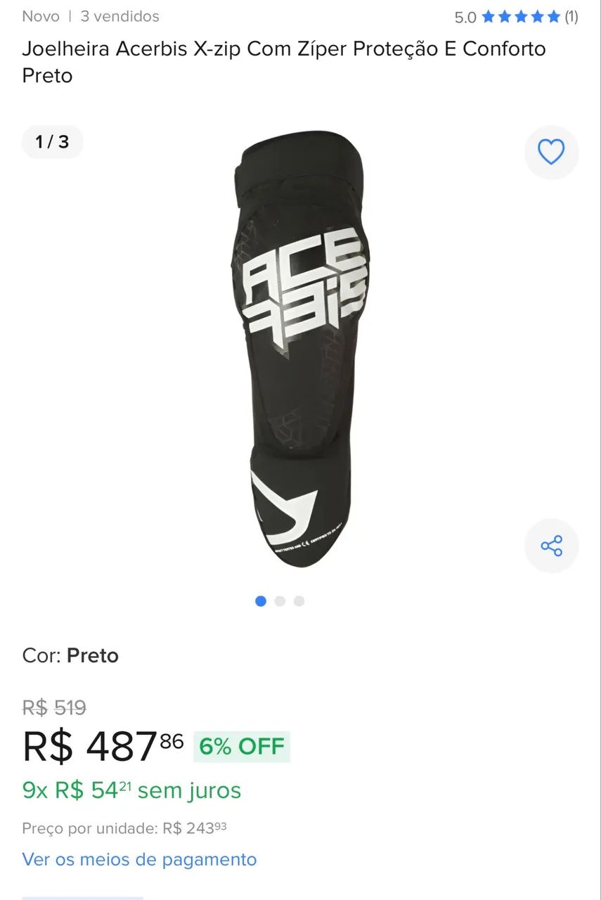 Joelheira Acerbis X-zip Com Zíper Proteção E Conforto Preto - Foto 2