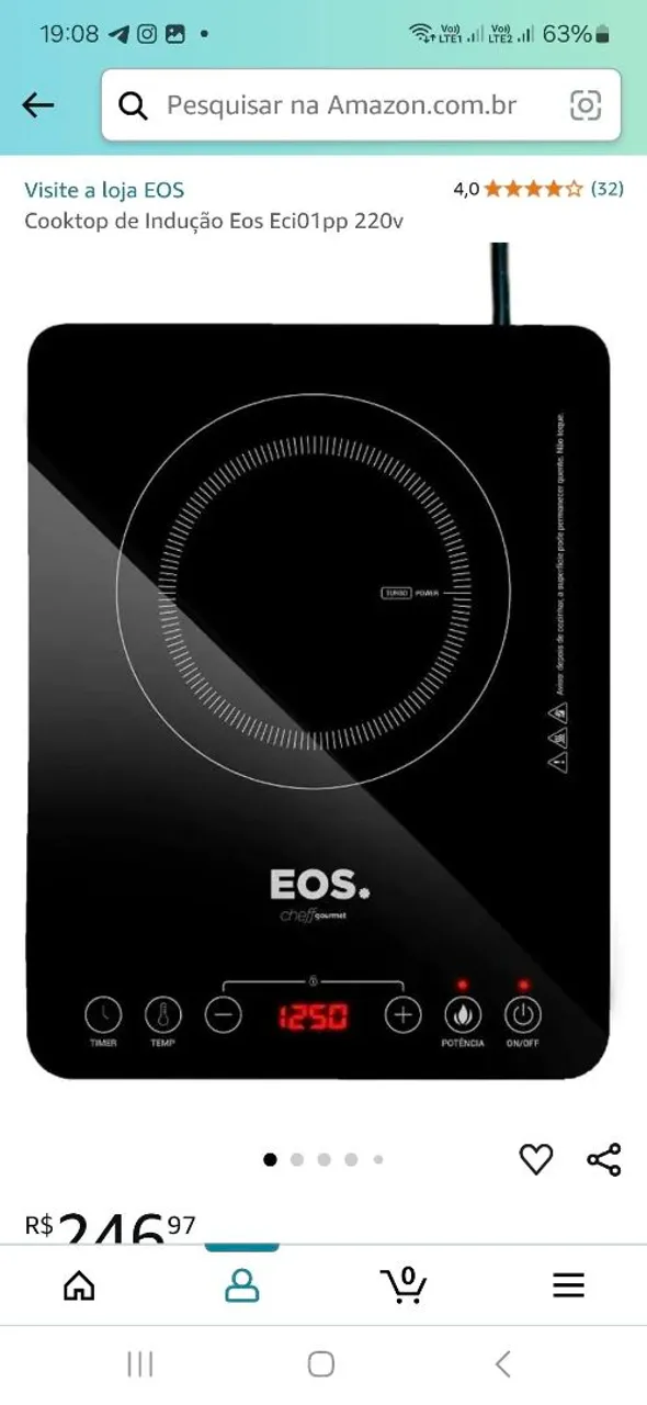 Cooktop de Indução 1 Boca Eos Cheff Gourmet 2200w Preto Eci01ppb BIVOLT - LACRADO NA CAIXA