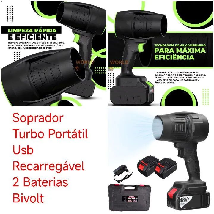 Soprador Turbo Portátil USB Recarregável com 2 Baterias
