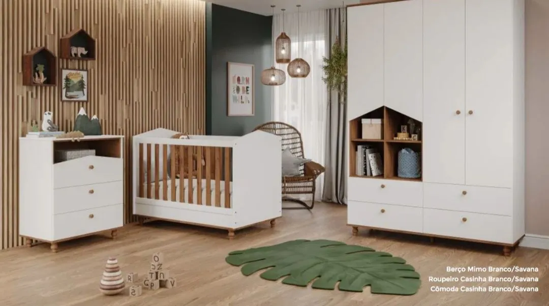Conjunto de Móveis para Bebê Casinha Branco - Berço, Roupeiro e Cômoda