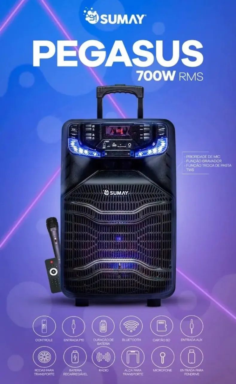 Caixa de Som Amplificada Sumay Pegasus CAP36 700W com Microfone e Controle