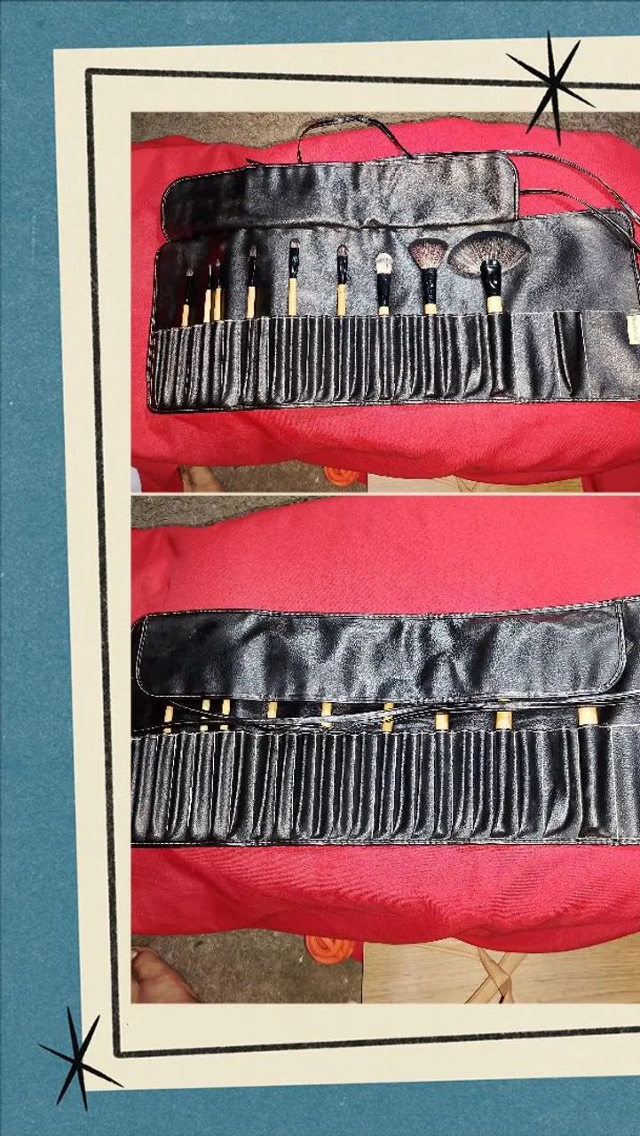 Estojo de pincéis para maquiagem com 9 pincéis.