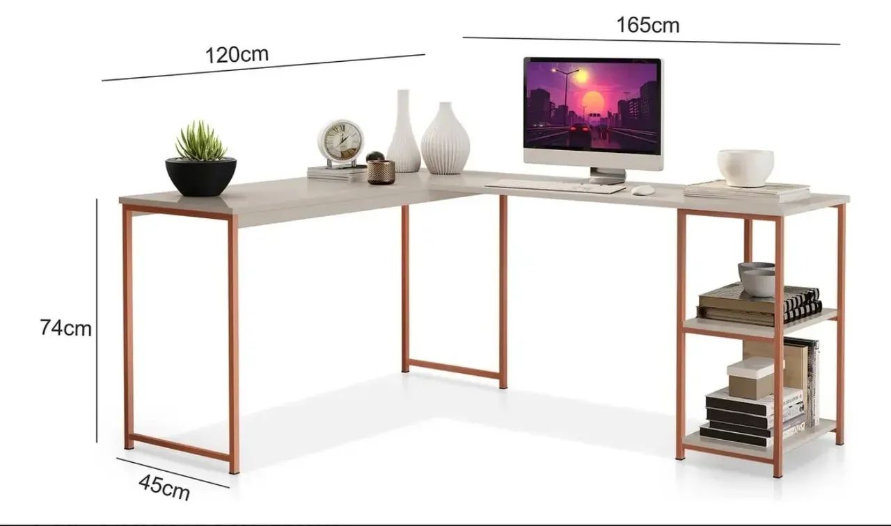 Mesa Escrivaninha Estilo Industrial Em L Com Prateleiras - Klm Store - Bronze/off White