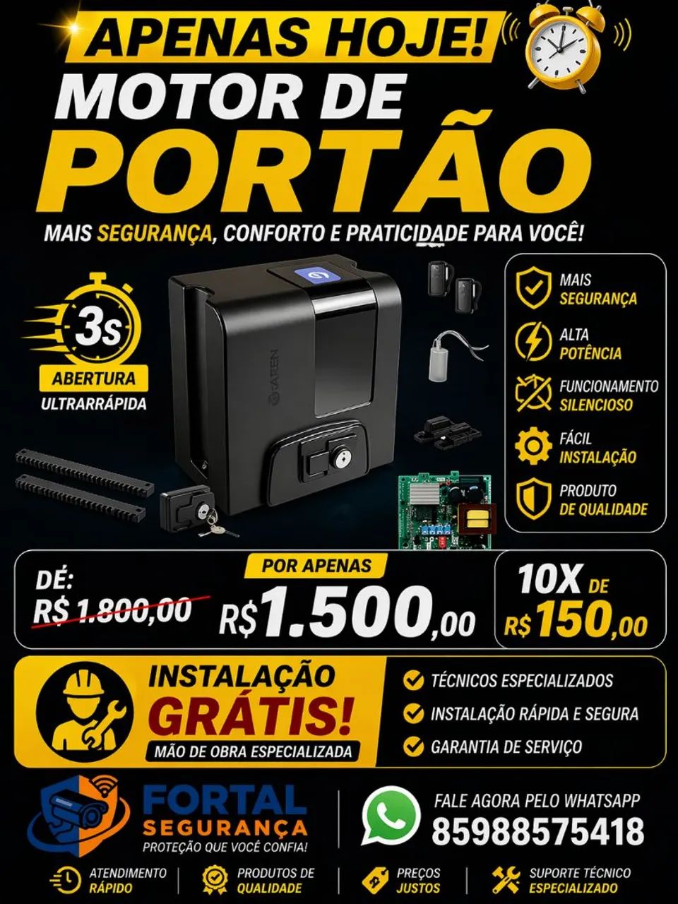 Motor portão abertura 3 segundos instalado